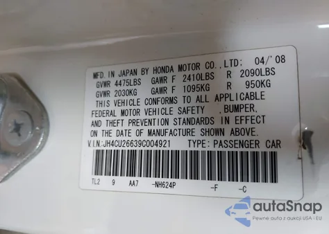 2009 Acura Tsx from USA, damaged, VIN JH4CU26639C004921